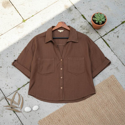 Oversize Boxy Crop Shirt - Women- 100% Premium Linen - Brown