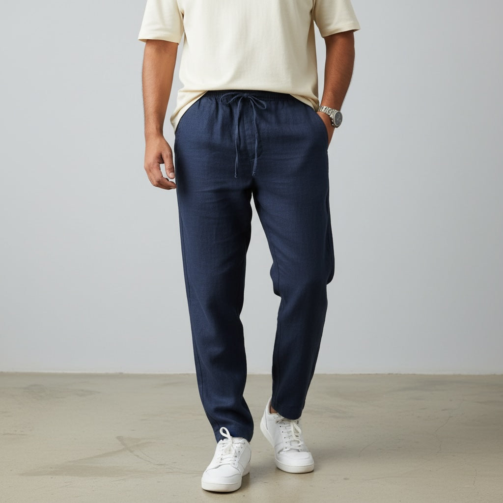 Relaxed fit pants- 100% Premium Linen - Men - Navy