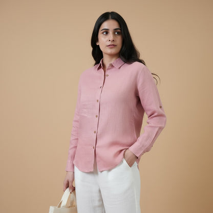 Full-sleeved Regular Shirt - 100% Premium Linen - Women - Rose