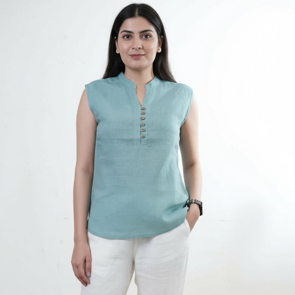 Mandarin Collared Top - 100% Linen - Women - Muted Sage