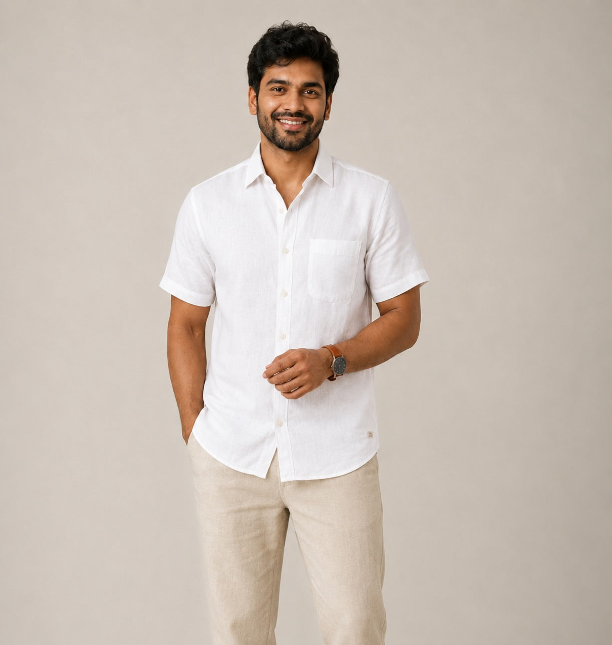 Linen Half-Sleeve Regular Collar Shirt for Men- White