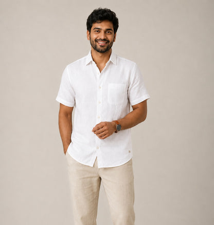 Linen Half-Sleeve Regular Collar Shirt for Men- White