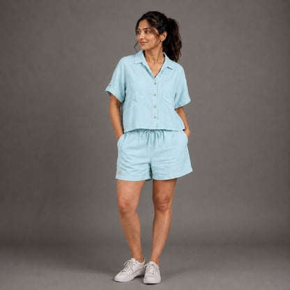 100% Pure Linen Shorts Co-ord Set for Women - Sky Blue