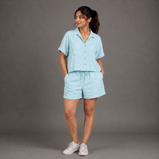 Linen Shorts Co-ord Set for Women-Sky Blue