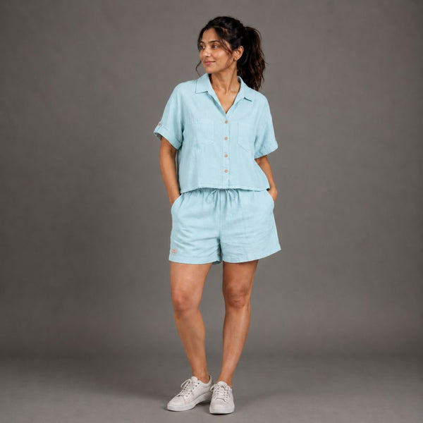 Linen Shorts Co-ord Set for Women-Sky Blue