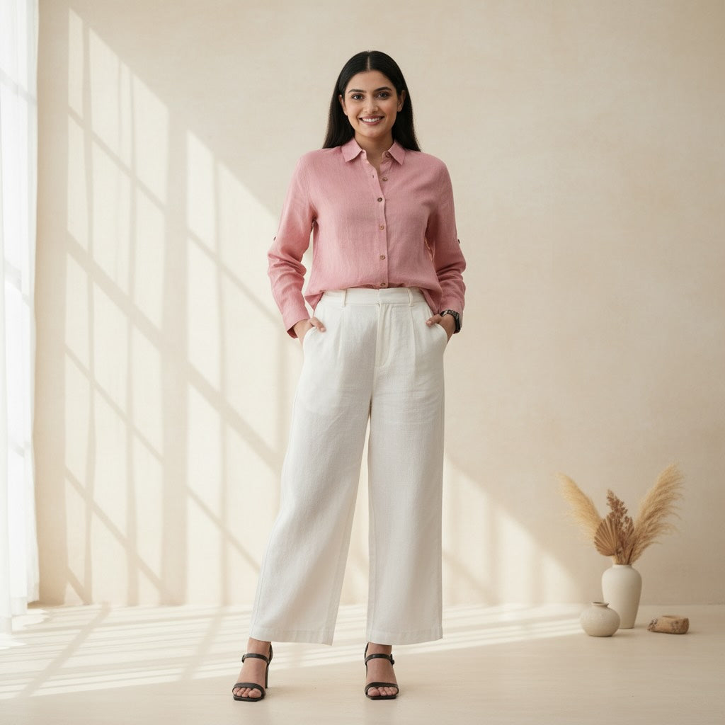 Full-sleeved Regular Shirt - 100% Premium Linen - Women - Rose