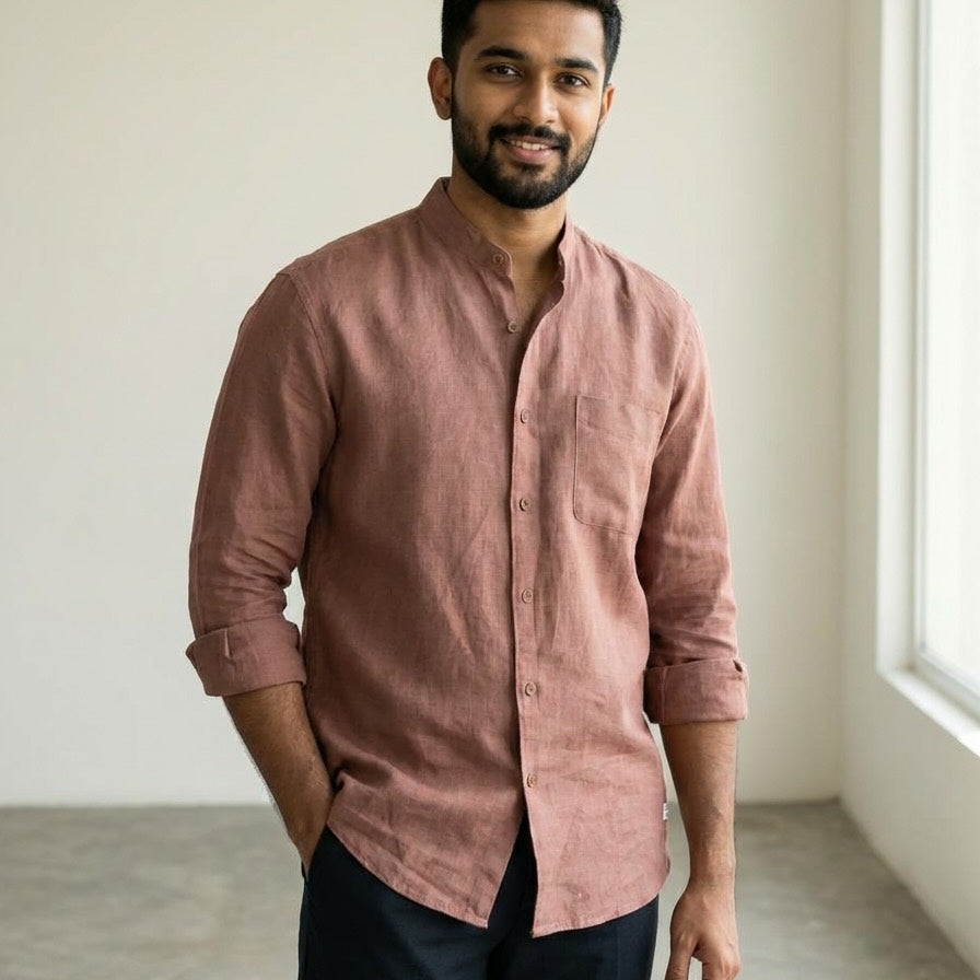 Linen Chinese Collar Shirt for Men- Copper
