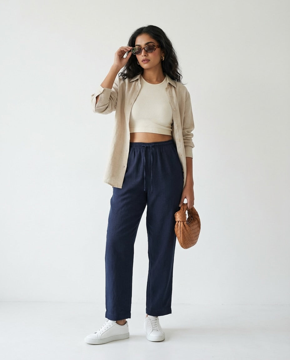Relaxed fit Pants- 100% Premium Linen - Women - Navy