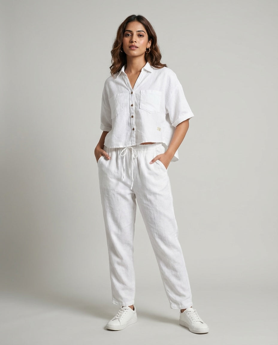 Crop shirt and Relaxed fit Pant Co-ord Set - Women- 100% Premium Linen - White