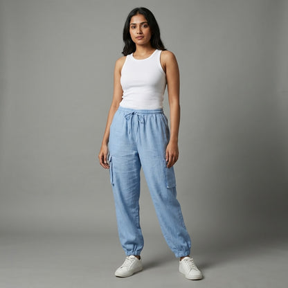 Premium Linen Travel Joggers for Women- Dusty Blue
