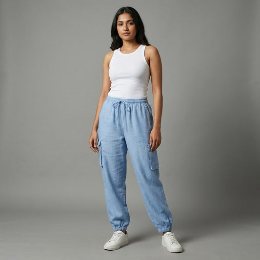 Travel Joggers For Women - 100% Premium Linen - Dusty Blue