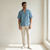 Linen Resort Collar Short Sleeve Shirt for Men- Aquamarine Blue