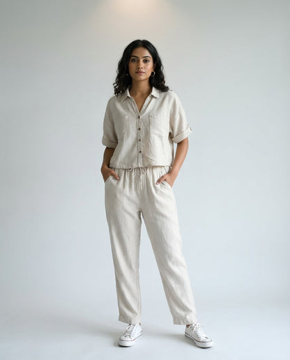 Crop shirt and Relaxed fit Pant Co-ord Set - Women- 100% Premium Linen - Beige