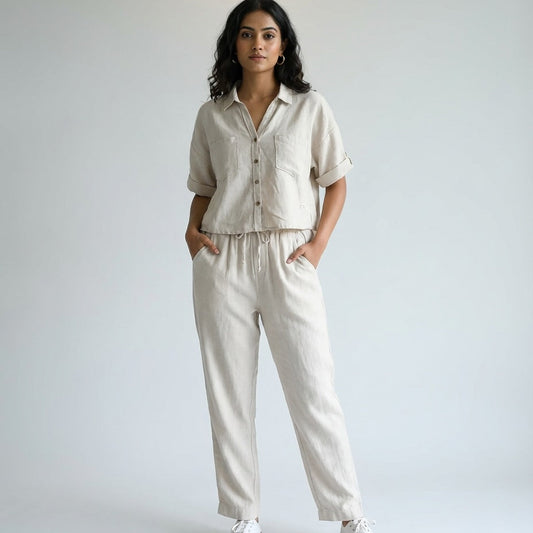 Linen Relaxed Co-ord Set for Women- Beige