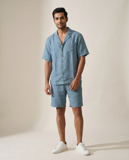 Resort collar Shirt and Shorts Co-ords - Men- 100% Premium Linen - Aquamarine Blue