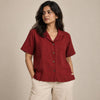 100% Pure Linen Open Collar Half Sleeve Shirt for Women - Maroon