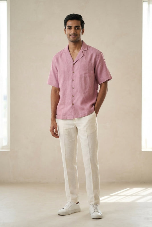 Resort Collar Short Sleeve Shirt - 100% Premium Linen - Men - Rose