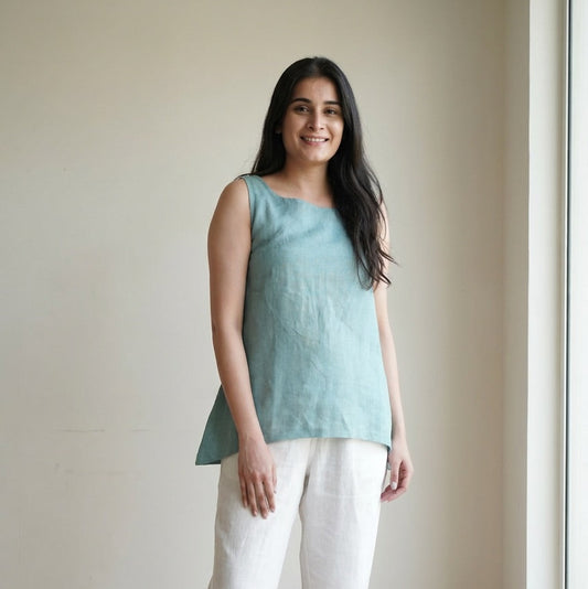 Linen Asymmetrical Top for Women- Muted Sage