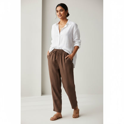 Relaxed fit Pants- 100% Premium Linen - Women - Brown