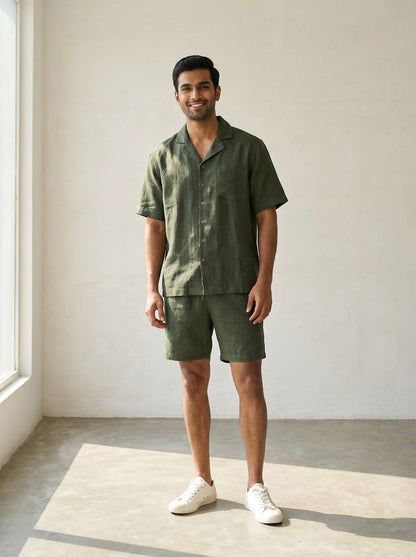 Resort collar Shirt and Shorts Co-ords - Men- 100% Premium Linen - Olive