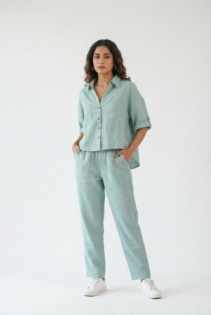 Crop shirt and Relaxed fit Pant Co-ord Set - Women- 100% Premium Linen - Sage