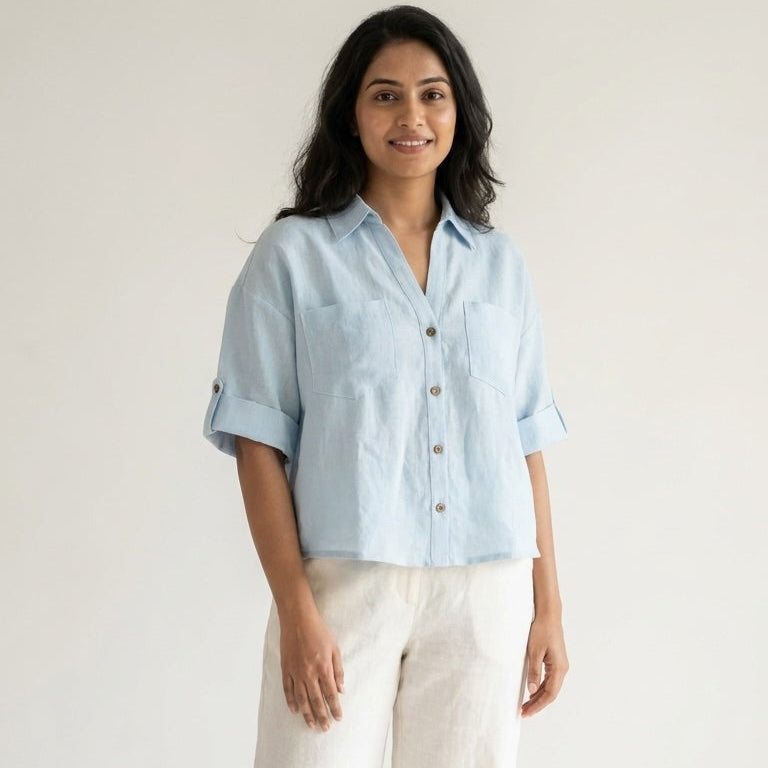 Oversized Boxy Crop Linen Shirt for Women- Sky Blue
