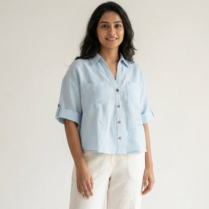 Oversized Boxy Crop Linen Shirt for Women- Sky Blue