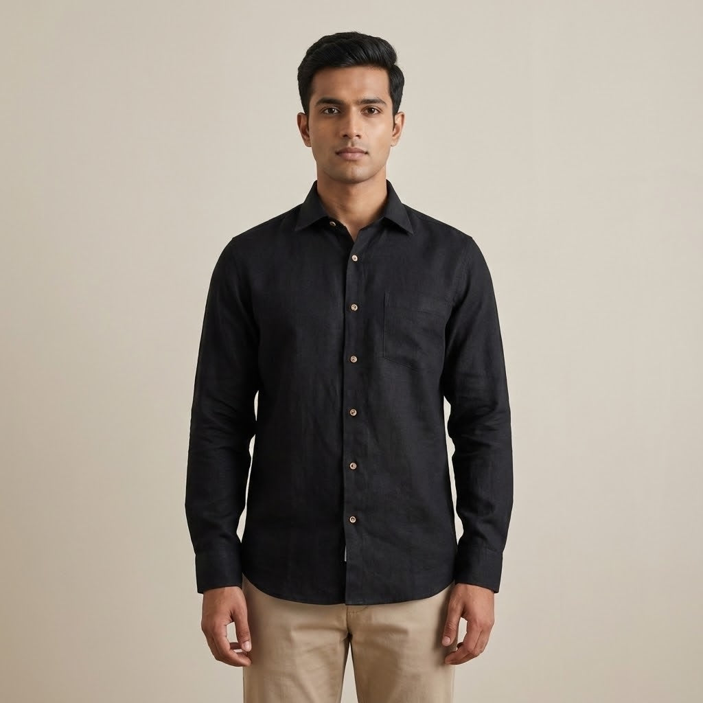 Linen Regular Collar Shirt for Men- Black