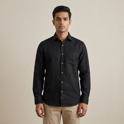 Linen Regular Collar Shirt for Men- Black