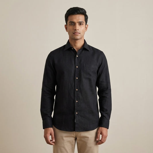 Linen Regular Collar Shirt for Men- Black