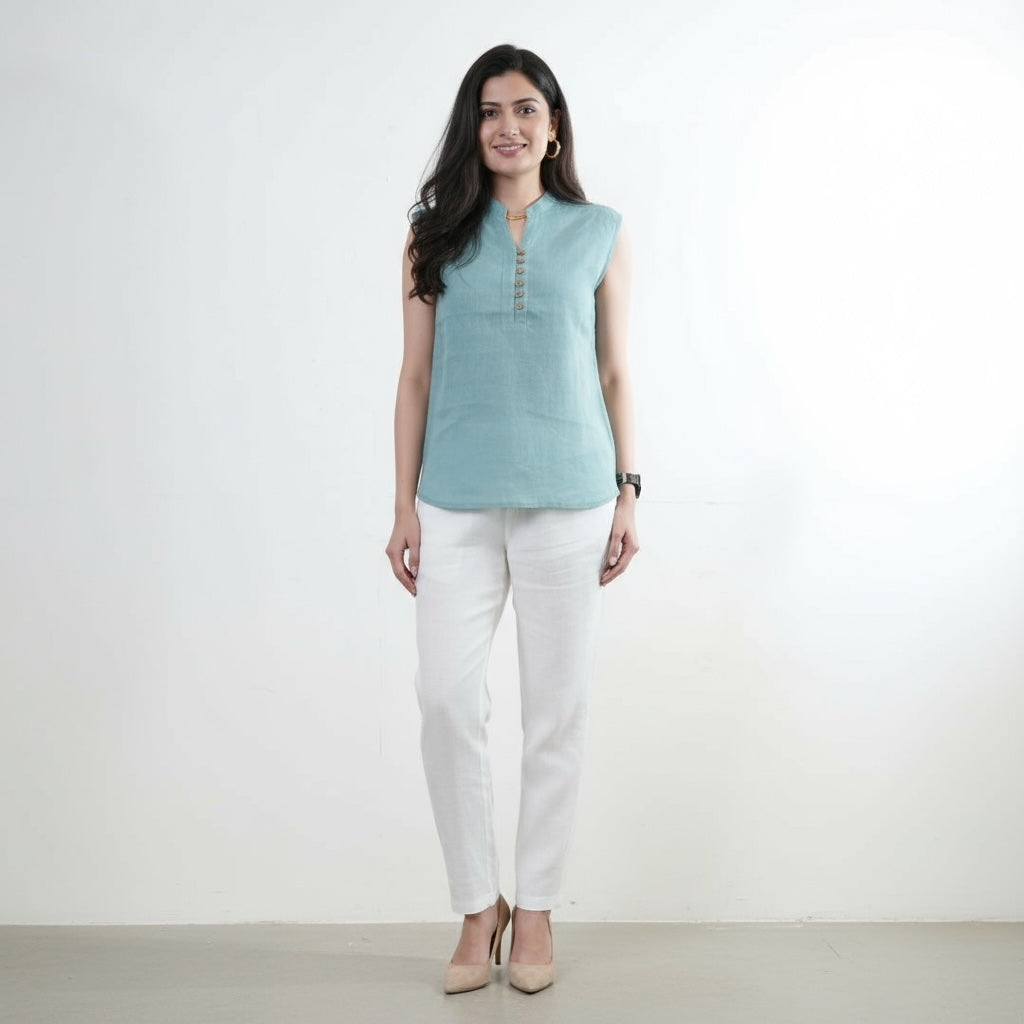 Mandarin Collared Top - 100% Linen - Women - Muted Sage