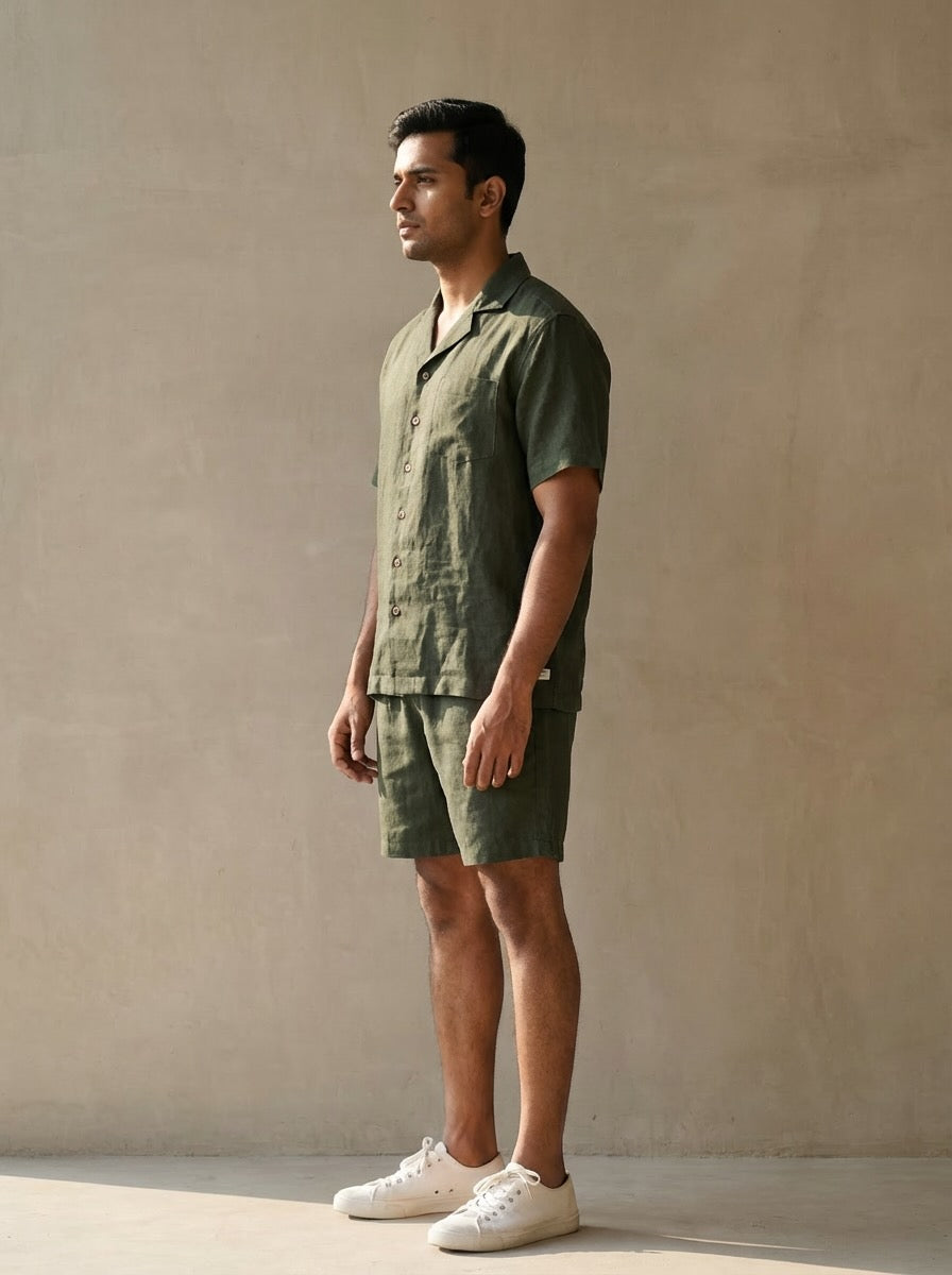 Resort collar Shirt and Shorts Co-ords - Men- 100% Premium Linen - Olive
