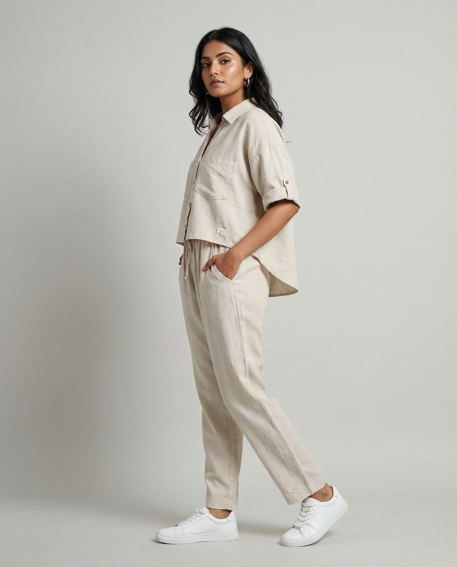 Crop shirt and Relaxed fit Pant Co-ord Set - Women- 100% Premium Linen - Beige