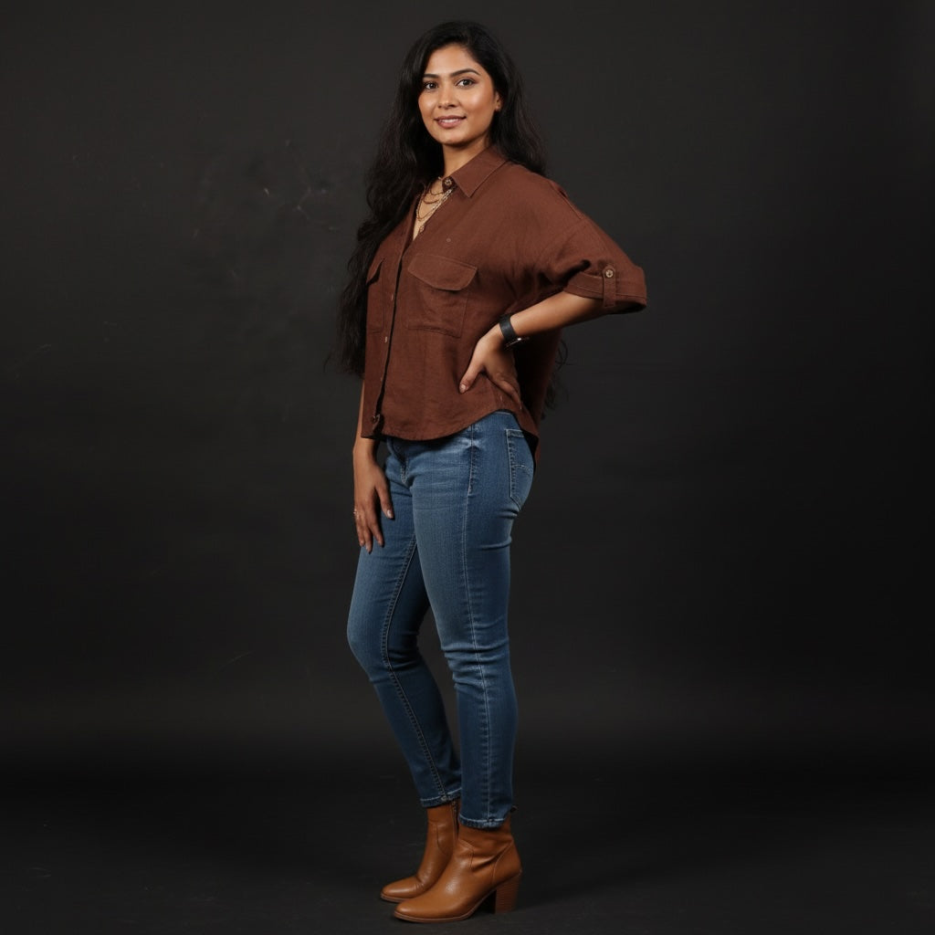 Oversize Boxy Crop Shirt - Women- 100% Premium Linen - Brown