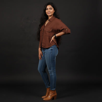 Oversize Boxy Crop Shirt - Women- 100% Premium Linen - Brown