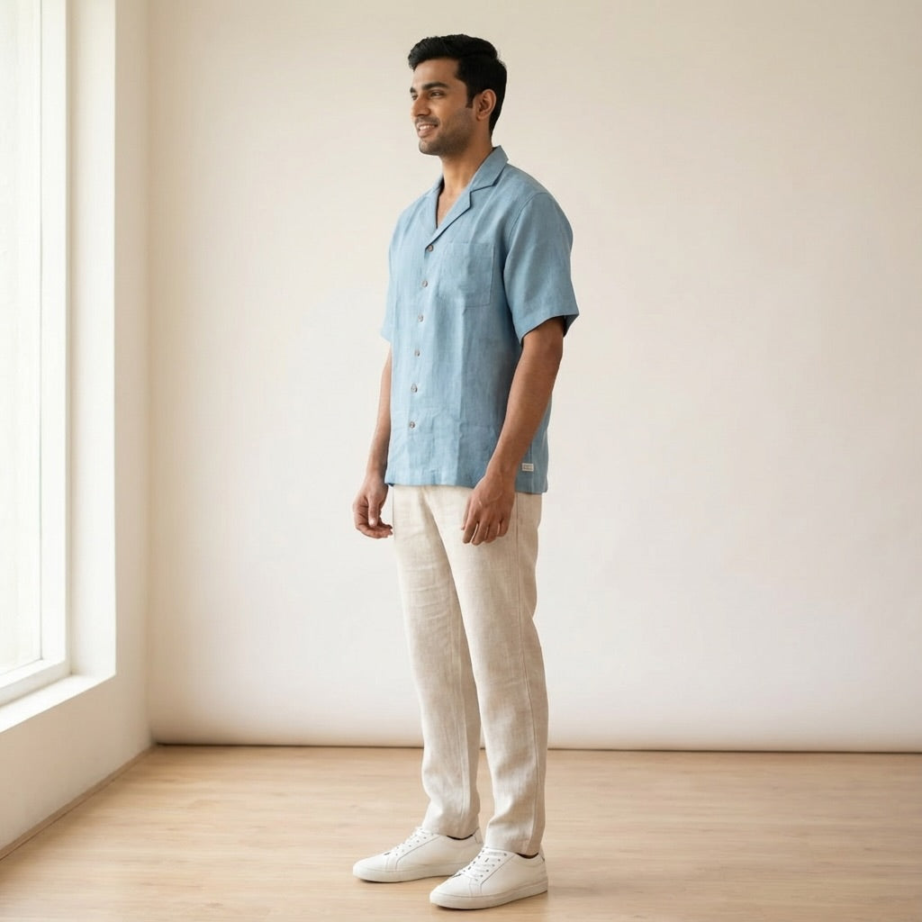 Resort Collar Short Sleeve Shirt - 100% Premium Linen - Men - Aquamarine Blue