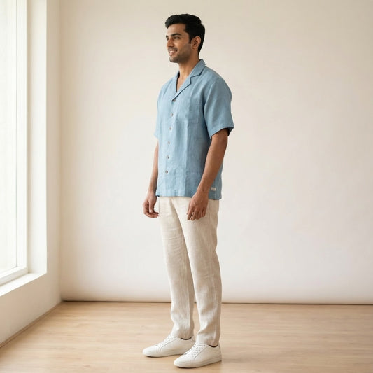 Linen Resort Collar Short Sleeve Shirt for Men- Aquamarine Blue