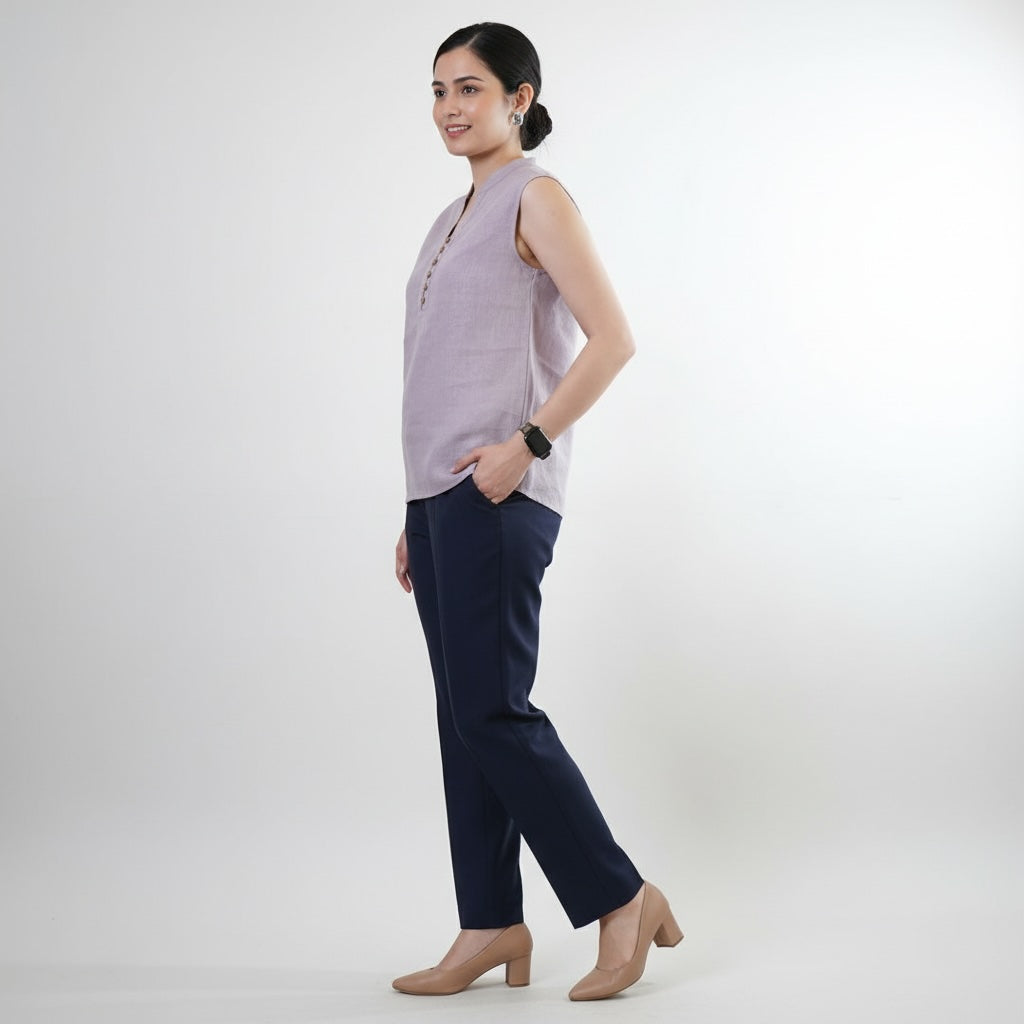 Mandarin Collared Top - 100% Linen - Women - Lavender