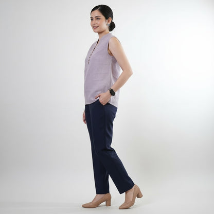 Mandarin Collared Top - 100% Linen - Women - Lavender