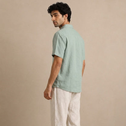 Linen Half-Sleeve Regular Collar Shirt for Men- Sage
