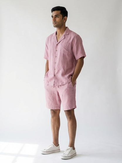 Resort collar Shirt and Shorts Co-ords - Men- 100% Premium Linen - Rose