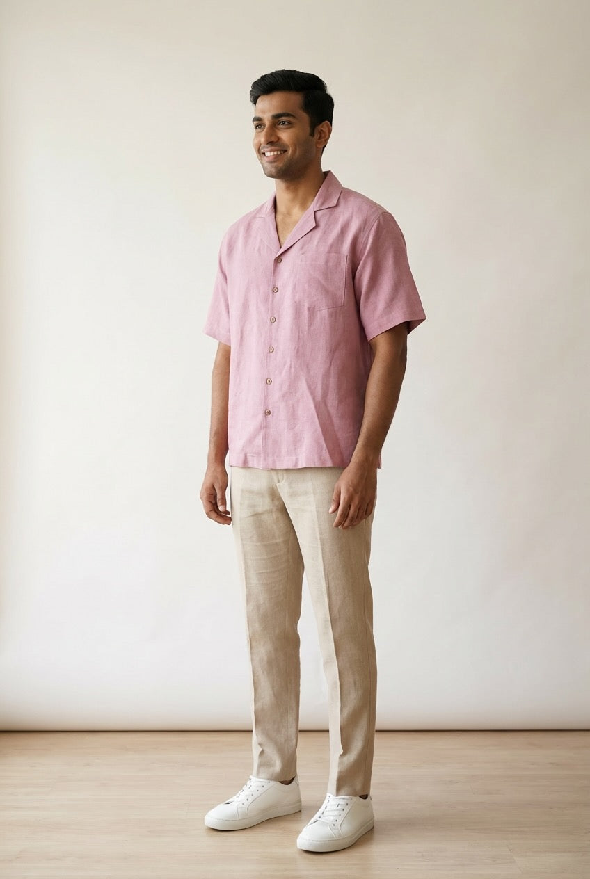 Resort Collar Short Sleeve Shirt - 100% Premium Linen - Men - Rose