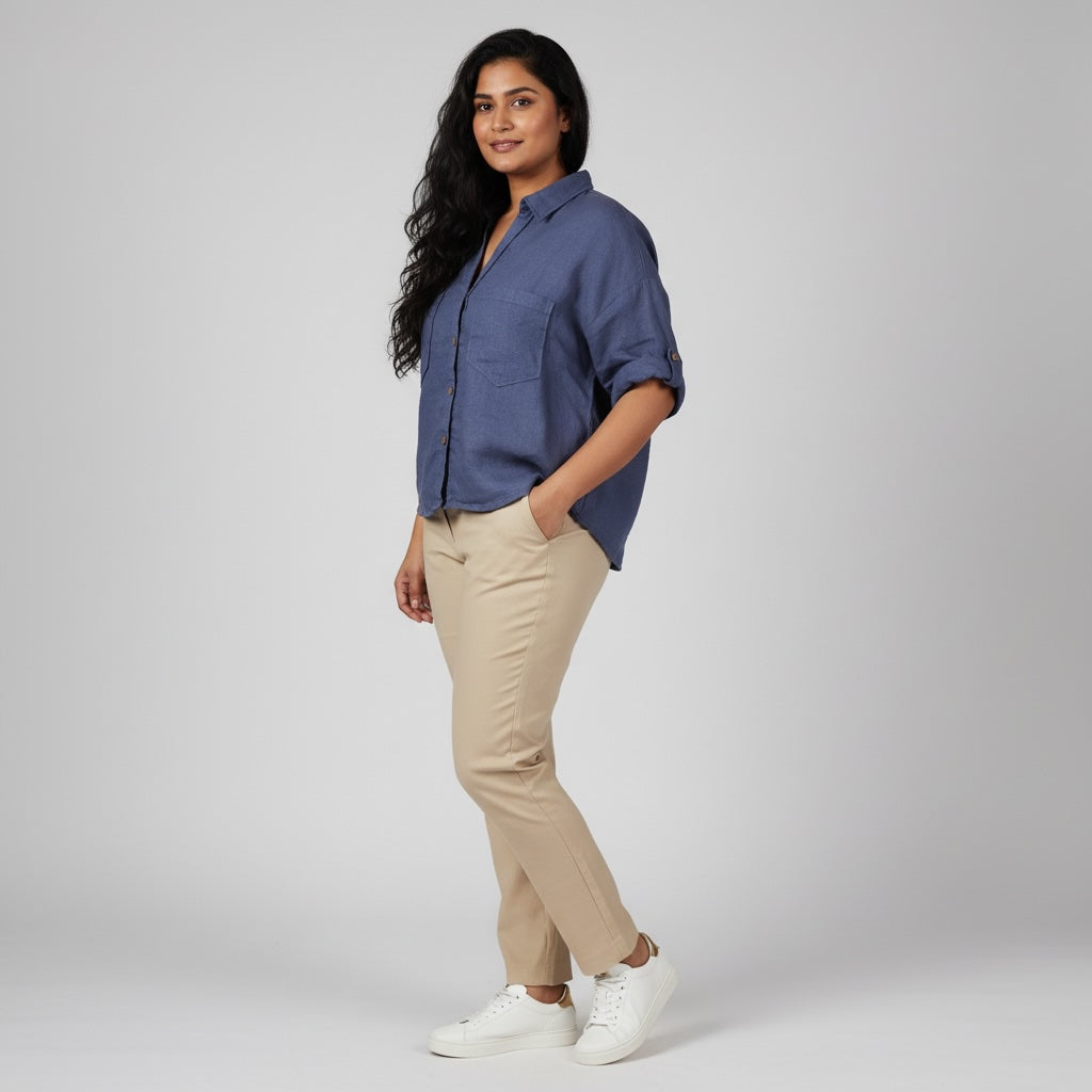 Oversize Boxy Crop Shirt - Women- 100% Premium Linen - Blue