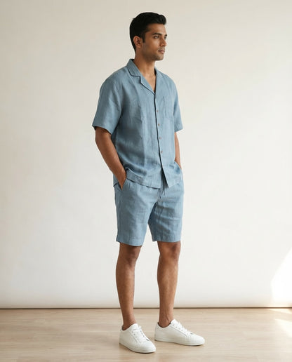 Resort collar Shirt and Shorts Co-ords - Men- 100% Premium Linen - Aquamarine Blue