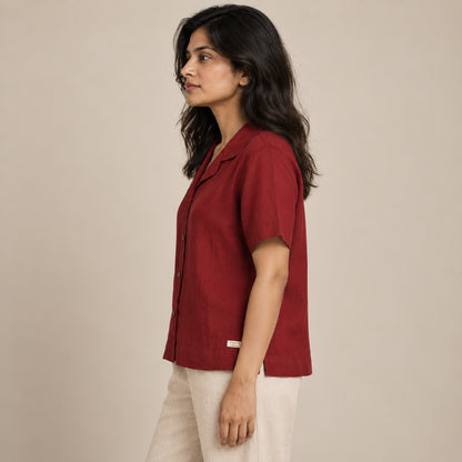 100% Pure Linen Open Collar Half Sleeve Shirt for Women - Maroon