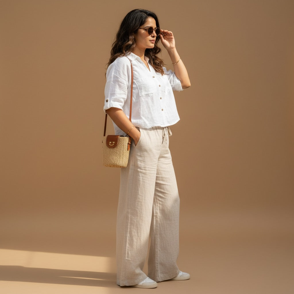 Oversize Boxy Crop Shirt - Women- 100% Premium Linen - White