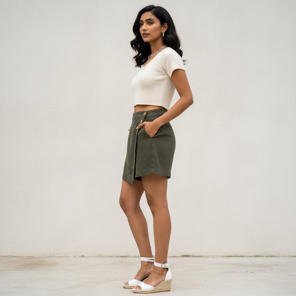 Skorts for Women - Rimore X Sara- 100% Premium Linen - Olive
