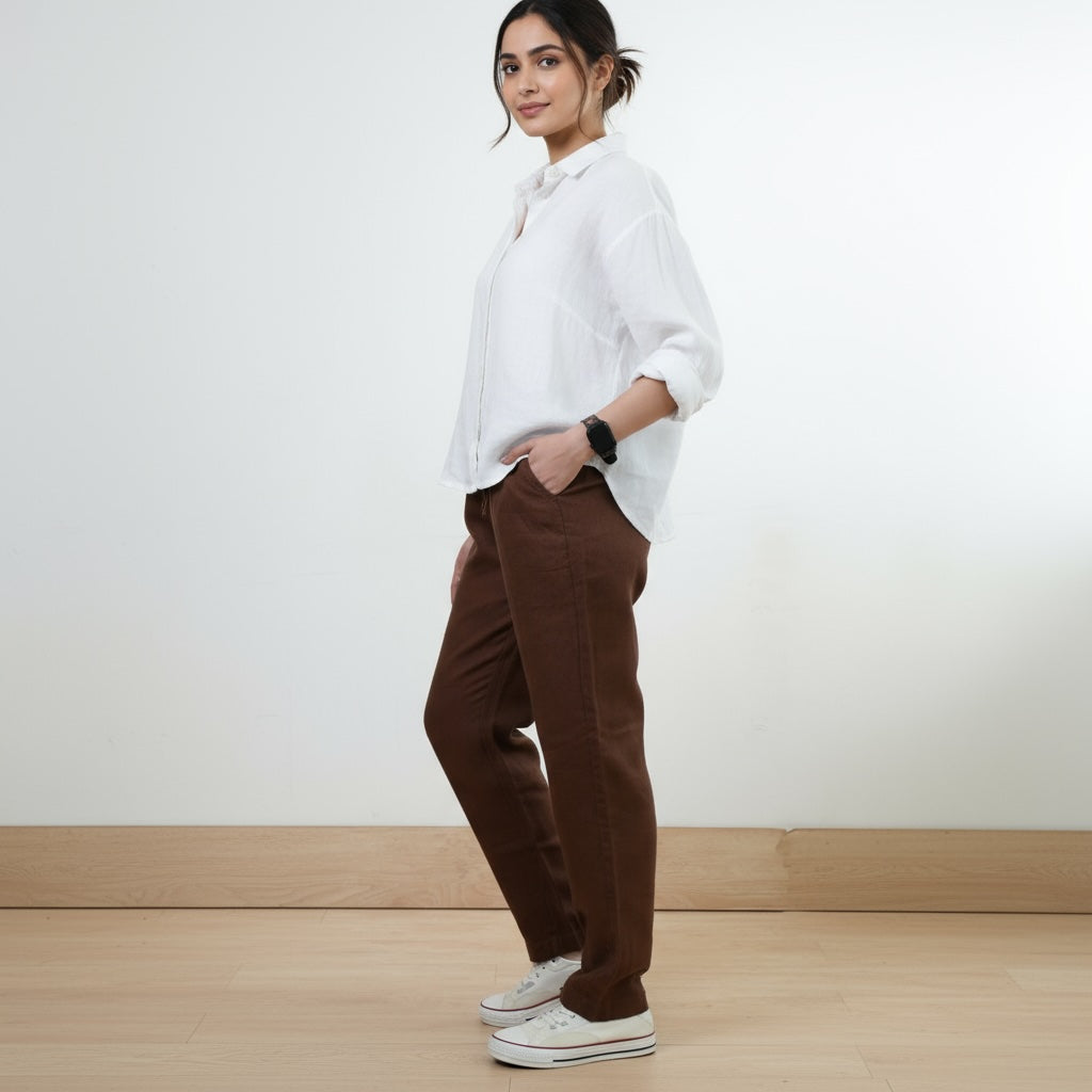 Relaxed fit Pants- 100% Premium Linen - Women - Brown