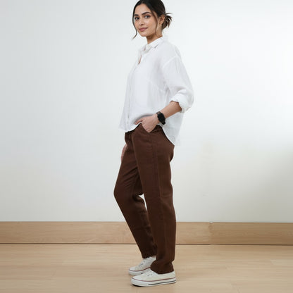 Relaxed fit Pants- 100% Premium Linen - Women - Brown