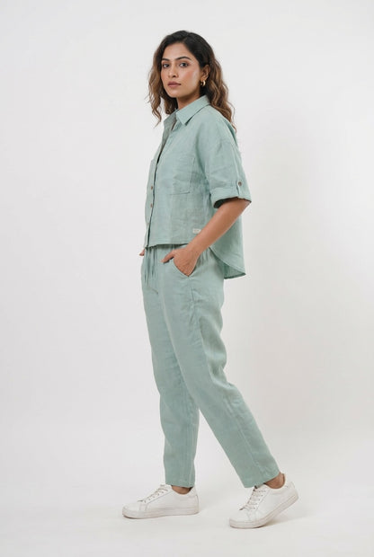 Crop shirt and Relaxed fit Pant Co-ord Set - Women- 100% Premium Linen - Sage